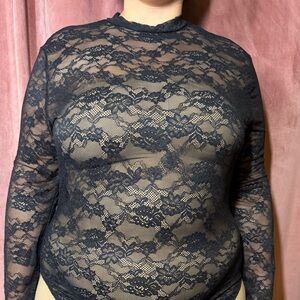 Sheer Black Floral Lace Long Sleeve Top